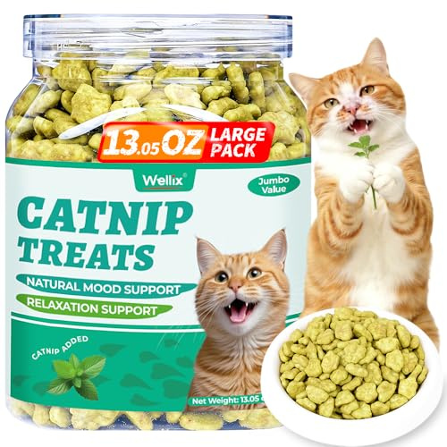 Wellix 13.05oz Catnip Treats for Cats -Healthy Cat Treats for Indoor Cat with Digestive Support - Crunchy Kitten Snacks for Training Biscuits,Food Toppers,Dental Chews with Real Salmon