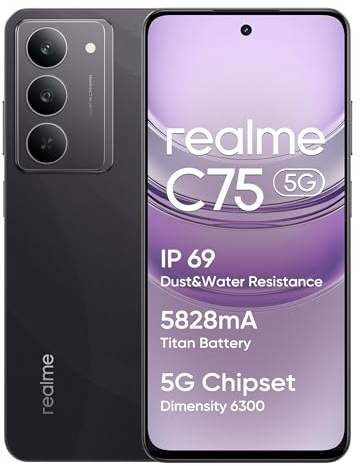 realme C75 5G Smartphone 8+256 GB, IP69, Batería 5828 mAh, Chipset Dimensity 6300 5G, Cámara Ultra Nítida 50MP, Pantalla Eye Comfort 120Hz, Negro