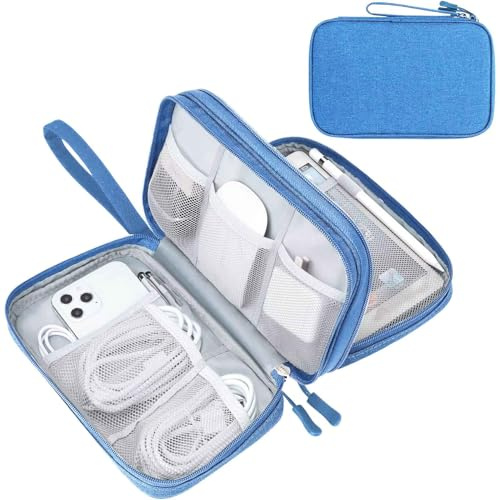 FYY Travel Cable Organiser, Electronics Accessories Bag, Waterproof Tech Storage Pouch, 2-Layer Universal Carry Case for Charger, Power Bank, Hard Drive Large-Blue