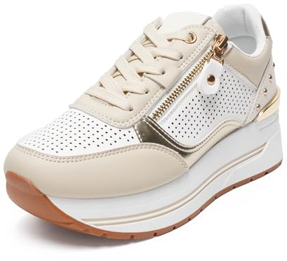 JOMIX Scarpe Donna Sneakers Lacci Zeppa con Zip Laterale Eleganti Antiscivolo Comode da Camminata WSC260025 (Oro,40)