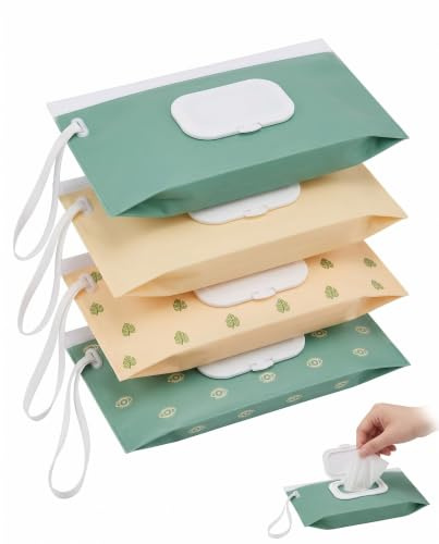BTACGWP 4x Feuchttücher Tasche Baby, Nachfüllbar & Wiederverwendbar für Unterwegs – Praktische Feuchttuchbox mit Flip-Top Spender für Reise & Wickeltasche, Diverse Muster