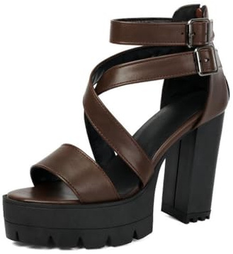Genérico Sandalias Mujer Correas Cruzadas Plataforma Punta Abierta Bombas Cuero PU Hebilla Doble Tobillo Tacón Alto Grueso Suela Tractor Vestido Sandalias Fiesta