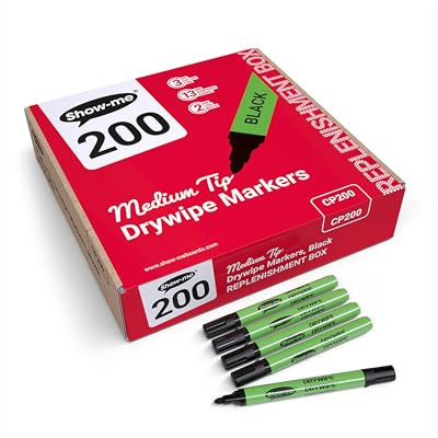 SHOW-ME - Whiteboard Markers | Drywipe, Erasable Black Medium Tip 2mm Line | Classroom Board Writing Pens with 3-Day Cap-off, Box of 200 | Erasable ink supports everyday classroom board writing and wipes clean from drywipe surfaces