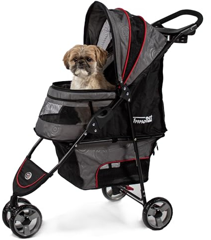 InnoPet Hundebuggy & Katzenbuggy für Reisen Avenue Glänzend Grau/Rot - Kompakter Stadt-Hundewagen mit Regenschutz - Sicherheitsleinen & Aufbewahrungskorb - Faltbarer Haustierwagen