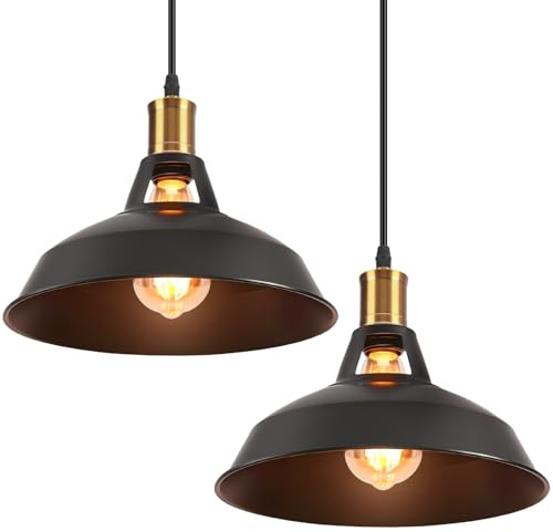 iDEGU 2 Stücke Pendelleuchten, Retro Hängelampe Industrielle Lampenschirm im Eisen Ø 27cm Vintage Hängelleuchte für Küche Esszimmer Wohnzimmer Schlafzimmer Flur Restaurant (Schwarz)
