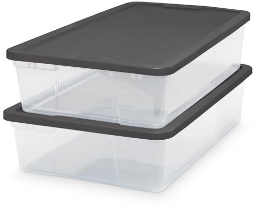 HOMZ Clear Plastic Storage Bins w/Snaplock Lids, 28 Qt, Gray, 2 Pack