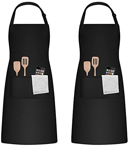 smatime 2 Stück Schürze Schwarz, VerstellbareBaumwolle Leinen Kochschürze Verstellbare Küchenschürze mit Taschen für Kochen oder Backen für Damen und Männer