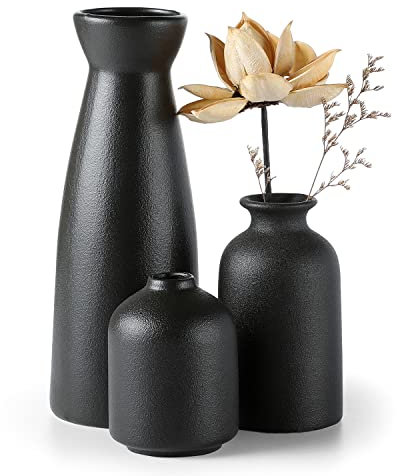 CEMABT Schwarz Keramik Vasen 3er-Set Kleine Blumenvasen für Dekor, Moderne rustikale Bauernhaus Home Decor, Dekorative Vasen für Pampas Grass&getrocknete Blumen, Idee Regal,Tisch, Bücherregal,Mantel