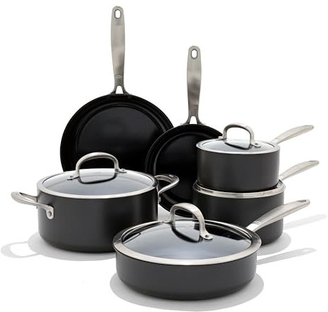 OXO Enhanced 10 Piece Cookware Pots and Pans Set, PFAS-Free Ceramic Nonstick, Durable Hard Anodized Cookware, Scratch Resistant, Stainless Steel Handle, Good Grips, Dishwasher Safe, Oven Safe, Black