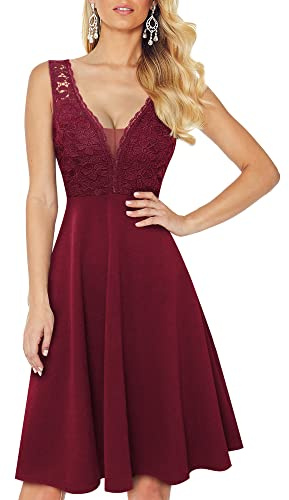 HOMEYEE Damen Vintage V-Ausschnitt Ärmel Blumen Spitze Rockabilly Swing Cocktailkleid A288 (S, Burgundy)