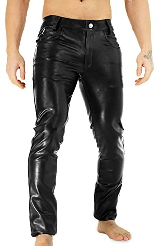 Bockle® Power Tube Lamb Zip Tube Skinny Slim Fit Man Leather Pants Men- Size: W32/L34 Black