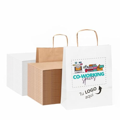 100 weiße Papiertüten mit farbigem Logo | Ihr Bild in einer Tasche | verschiedene Größen zur Anpassung an Ihre Geschenke | billige Taschen für Geschenke oder Geschäfte | Medium (25 x 31 x 11 cm), Weiß