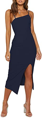 OWIN Womens Summer Sexy Asymmetrical Neck Spaghetti Strap Formal Dress Sleeveless Midi Dress with Slit Navy Blue S