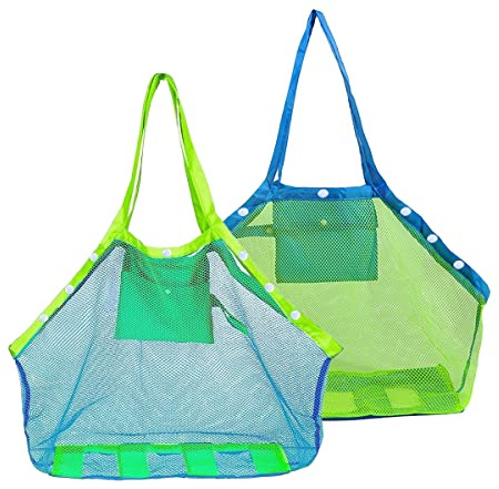 COOLGOEU Strandtasche Strandspielzeug Tasche XXL Groß für Sandspielzeug Wasserspielzeug für Kinder Aufräumsack Spielsack Badetasche Beachbag Faltbar für Familie Urlaub (Grün&Blau(2 Stück))