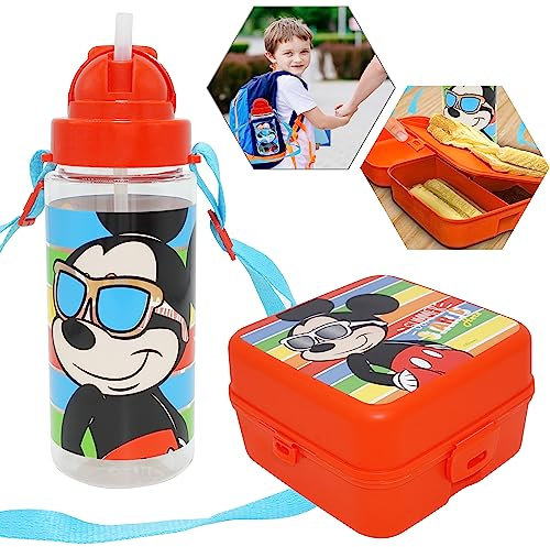 HOVUK Set di 2 contenitori per il pranzo quadrato di Topolino da 14 cm e bottiglia d'acqua in Tritan con cannuccia, borraccia sportiva da 500 ml e 3 scomparti per il pranzo