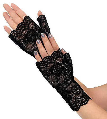 Spitzenhandschuhe Damen,Kurz Hochzeit Brauthandschuh Kurze Sommer UV Sonnenschutz Handschuhe Brautkleider Handschuhe für Hochzeit Party und Teeparty Abschlussball Abendhandschuhe-Schwarz