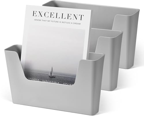 YOHOM Zeitungshalter Wand Zeitschriftenhalter Prospekthalter Wand Briefhalter Wandprospekthalter A4 mit 2 Montagearten (Kleben/Bohren) Ablagefächer Wand für Dokumente, Magazine, Bücher Grau 3 Stück