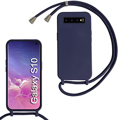 FERLAN handyband Hülle für Samsung Galaxy S10 mit Band, HandyHülle mit Kordel, Weich Silikon TPU Stoßfest Bumper mit Kette zum Umhängen für Samsung Galaxy S10, Handy Lanyard - Dunkelblau