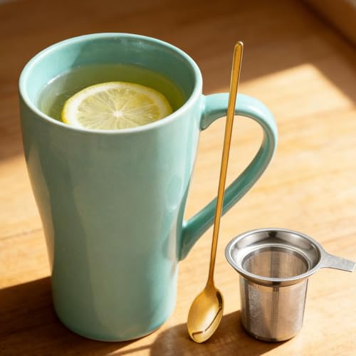 Arawat Groß Tasse 500 ml Teetasse mit Sieb XXL Kaffeetasse Grün Keramik Teetasse Original mit Löffel & Untersetzer 500 ml Kaffeebecher Cute Geburtstagsgeschenk Tee Kaffee Tasse Geschenk