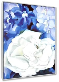 RKGHDCX Berühmte Gemälde Leinwandbild Kunstdruck Bild auf Leinwand Geoigia Keeffe《Weiße Rose mit Rittersporn》Reproduktion Leinwanddruck Bilder Wandbild für Wohnzimmer 70x100cm28 x40 Silberner Rahmen