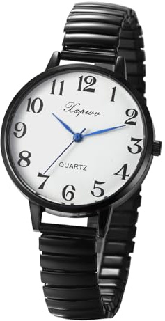 JewelryWe Large Face Elastic Watch: Women Easy to Read Numbers Hard Stainless Steel Black Bracelet Stretch Band Strap Ladies Analog Quartz Watch White Big Face Wristwatch