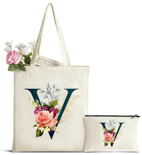 hamatata Personalisiert Initialen Canvas Tragetasche mit Kosmetiktasche, Baumwolltasche Einkaufsbeutel Damen Tote Bag, Verlobung Hochzeit Geburtstag Geschenk für Freundin Kollegin Schwester Frauen(V)