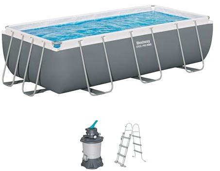 Bestway Power Steel Frame Pool Set mit Sandfilteranlage 404 x 201 x 100 cm, grau, eckig