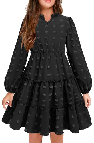 Arshiner Vestidos de Manga Larga para Niña Vestido de Gasa con Cuello en V Volantes Vestidos Infantiles Vestido Festivo Corte a Vestido Skater de Halloween Vestido de CumpleAños Negro 9-10 Años