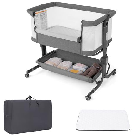 DREAMADE Beistellbett Baby, 6-stufig Höhenverstellbar Babybett mit weicher Matratze & Rollen & Tragetasche, 87 x 63cm Reisebett Tragbar für Zuhause & Unterwegs, 0-6 Monate bis 9 kg (Dunkelgrau)