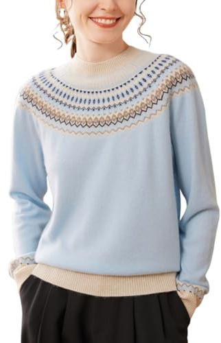 DISSA Pull Cachemire Femme Col Rond Jacquard,Bleu,M