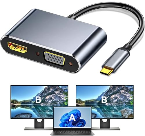 Adaptateur USB C vers HDMI + VGA pour double moniteur, USB C vers VGA, type C vers HDMI 2 en 1, convertisseur vidéo graphique 4K UHD compatible avec MacBook, XPS, ASUS et plus