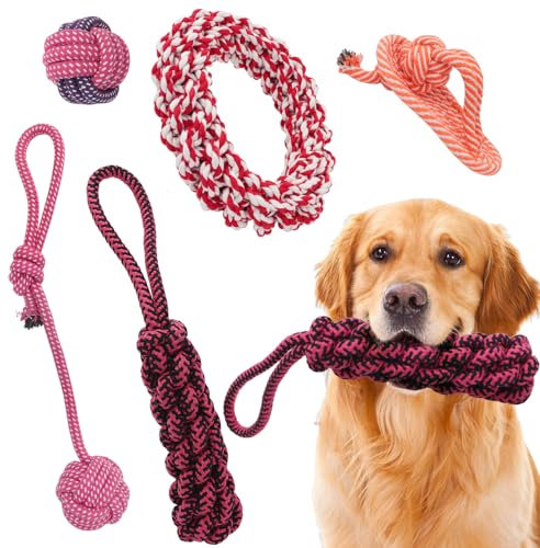 DOKI Dog Chew Toys 5pcs, Strong Dog Rope for Teeth Cleaning or Training Natural Cotton Toys Set for Medium Large Dogs