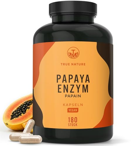 TRUE NATURE Papaya Enzym Papain - Hochdosiert - 2100mg/Tag - 180 Kapseln | Papain aus der Papaya-Frucht, Enzymaktivität 6 Mio. Units/g, 60 Tage Vorrat - vegan, laborgeprüft & in Deutschland produziert