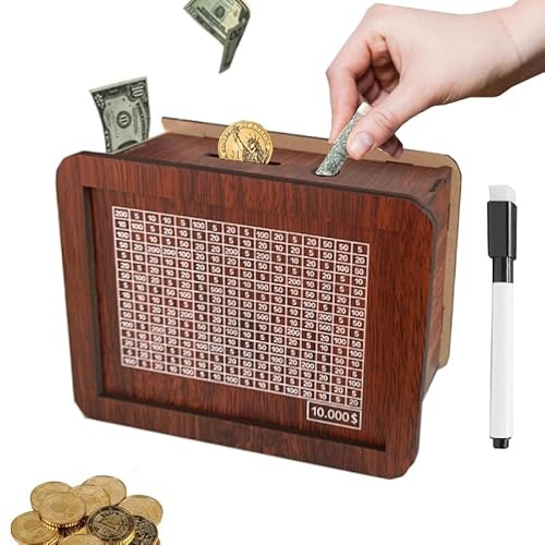 10000 Savings Challenge Box,Cash Vault Wooden Savings Box,kakeibo Money Box,Wooden Piggy Bank Coin Bank with Counting Target,The Best Gift for Boys, Girls, and Friends (Brown)