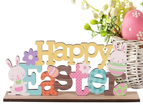 da tavola con scritta Happy Easter, decorazioni pasquali con coniglietto, cartello pasquale in legno, centrotavola da tavola con coniglietto pasquale, decorazioni per la tavola per le vacanze,