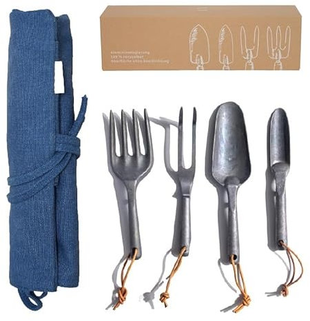PG EcoAmour Set 4 Outils Jardin en alu Non revêtu – Inoxydable, Anti-reflet, Solide, léger & Ergonomique – avec Sac de Transport – Cadeau écoresponsable pour jardiniers Amateurs.