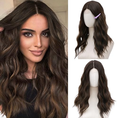 BUPPLER Brunette Highlight Wig 18 Inch Medium Length Wigs for Women Middle Part Synthetic Hair Wavy Wig with Upgraded Strands, Natural Hair Wigs for Daily Party/Halloween Use 18Inch