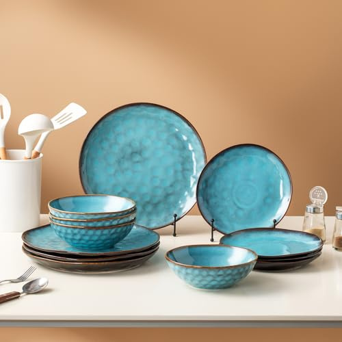 TAOCIGOU Camping Geschirr Set 4 Personen, Steingut Geschirr Set 12tlg, Porzellanservice mit Essteller, Dessertteller, Müslischalen, mikrowellen- und spülmaschinenfest (Blau)