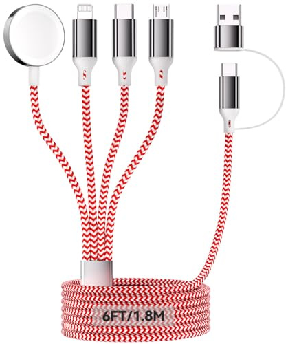 4 in 2 Multi Schnellladekabel für A pple Watch, 1.8M/6FT Nylon Ladekabel Ladegerät USB-A/C zu iOS /Typ C/Micro-USB/iWatch, Kompatibel mit iWatch Ultra/SE/1-11/iPhone/iPad/AirPods/Galaxy/Huawei