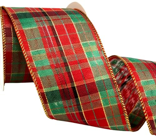 Meseey Christmas Red Green Gold Buffalo Plaid Ribbon 4 Inch x 10 Yards Tartan Check Wired Ribbon for Topper Bow,Wreath,Gift Wrapping, Tree Decoration (Red/Green/Gold, 4 inch x10 Yards)