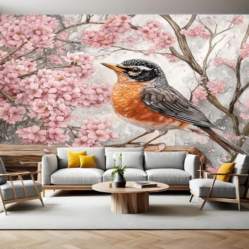 Carta da Parati Fiori Uccelli Fiori di ciliegio Fotografica 3D Effetto 400x280 cm TNT Murale Decor da Muro Soggiorno Camera da Letto Sala Cucina Camera dei Bambini