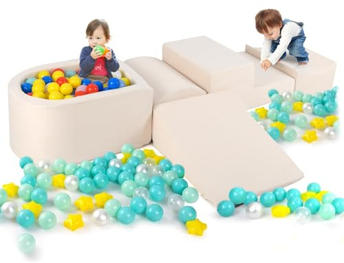 COSTWAY Set di 5 Pezzi Gioco in Schiuma, Blocchi con Piscina di Palline per Bambini, Coperture Lavabili con Cerniere, Blocchi Creativi per Stanza di Giocattoli, Camera da Letto (Bianco)