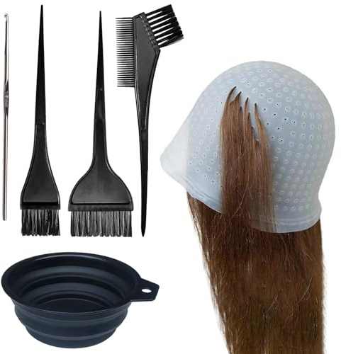 6 Pcs Set Highlighting Cap, Highlight Cap Hair Dye Brush and Bowl Set Hairdressing Tools, Punched Hole Silicone Hair Highlighting Kit with Needle and Hairs Coloring Brushes for Women Girls