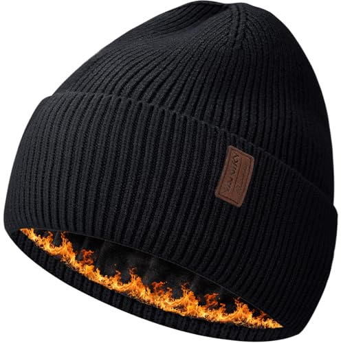 Gorro de invierno con forro polar para hombre y mujer, cálido, resistente al viento, gorro de invierno de punto grueso para clima frío, Negro, talla única