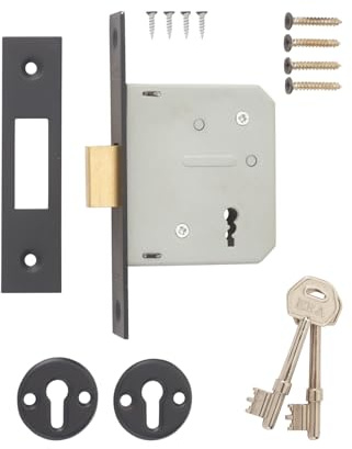 3 Lever Deadbolt Mortice Door Lock – High Security Lock with Keys – Suitable for Wooden Internal & External Doors – Easy to Install (Matte Black - Boxed, 2½ (64mm))