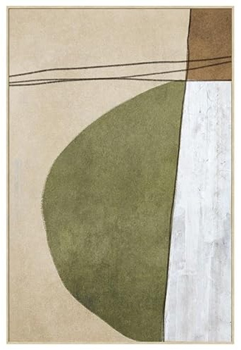DRW Cuadro lienzo con marco de madera abstracto en blanco, beige y verde 80x120x3,5cm