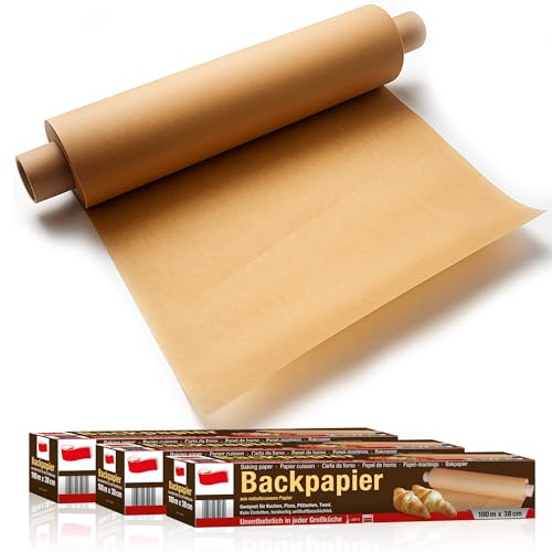 SULENO 3 x Backpapier Rolle, 38 cm x 100 m, 300 m - 3 Rollen | Antihaftbeschichtet, Hitzebeständig bis 220 °C, Beidseitig Silikoniert, Naturbraun