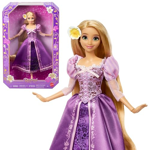 Mattel Disney Sparkling Princess Rapunzel-modedocka med långt hår, avtagbar klänning och blomma i håret, inspirerad av filmen Trassel, JLM94