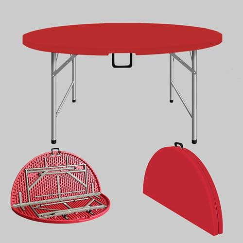Tavolo pieghevole rotondo portatile per picnic all'aperto barbecue e campeggio, resistente, capacità 300 kg, leggero, con manico e staffa in metallo, 150 x 74 cm, colore: rosso