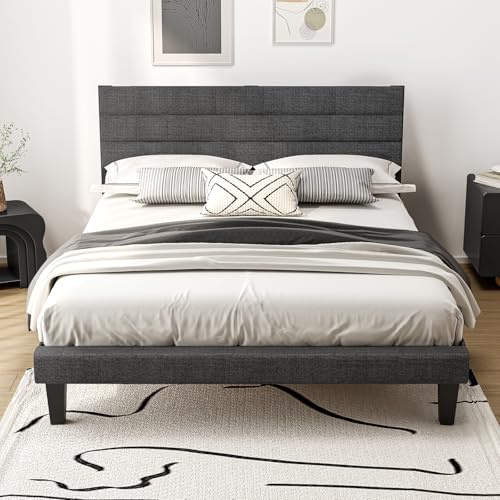 Bonnlo Polsterbett 140x200 cm mit verstellbarem Kopfteil, Bett 140x200 mit Lattenrost aus Holz, Leinenoptik(ohne Matratze)